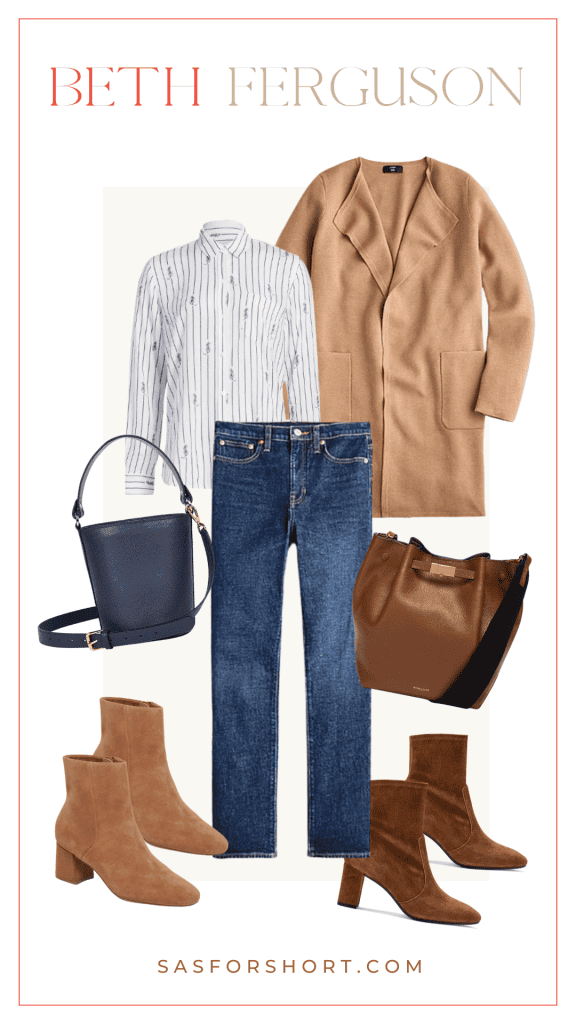 collage of an outfit with jeans and a long cardigan sweater