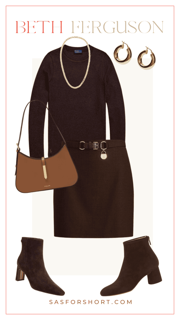 collage of a brown pencil skirt outfit for petites, perfect skirt lengths for petites