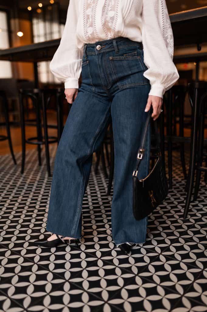 indigo wide leg jeans vintage wash indigo wide leg jeans paired with kitten heels