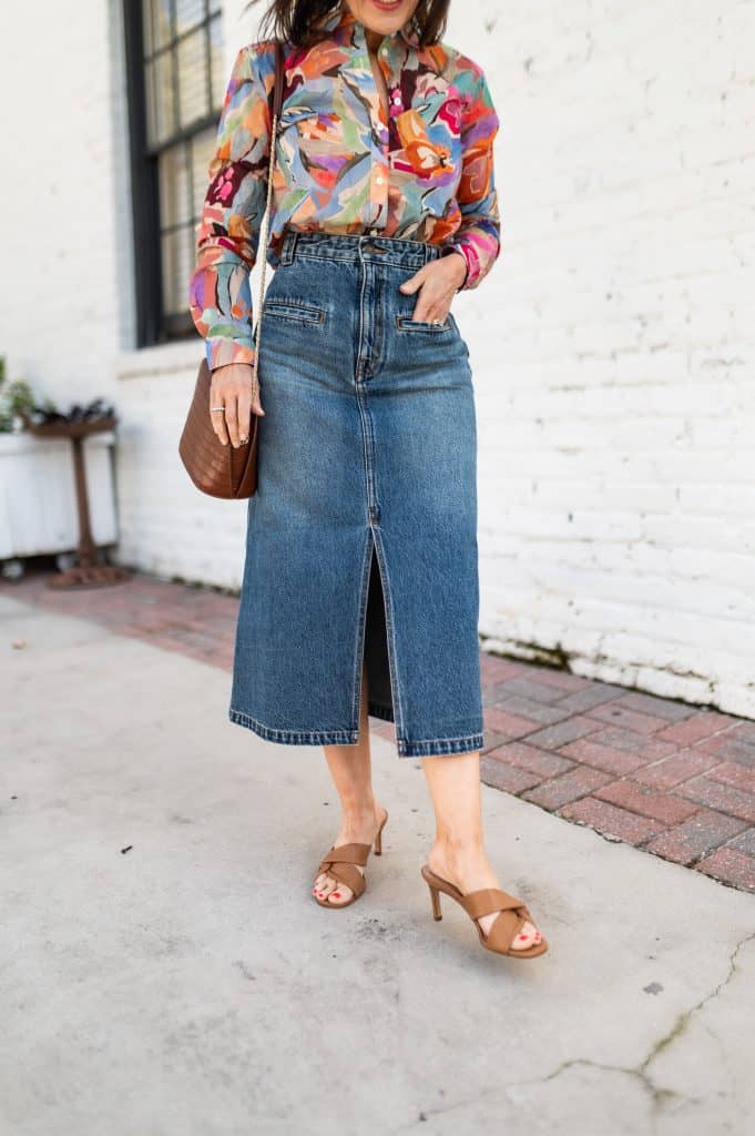 petite studio nyc denim midi skirt petite studio nyc denim midi skirt worn with heeled sandals