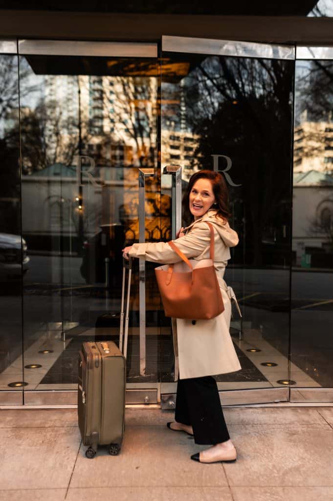 Petite Travel Clothes To Look Stylish On Your Adventures - Serious About Styling | SAS For Short blogger wearing Ponte Knit Pants with a sweater and Trench Coat