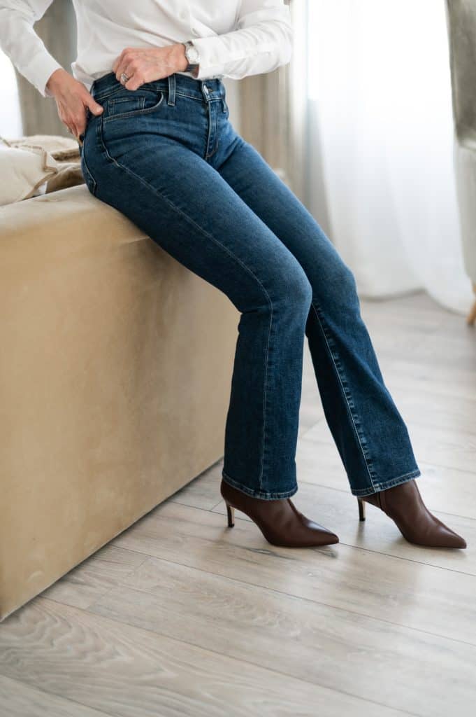 Petite jeans inseam example showing correct length hem.