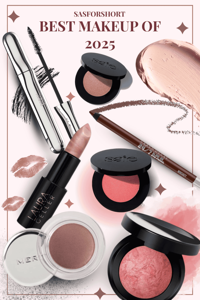 A collage makeup products featuring lipstick, blush, eyeshado, and eye makeup.