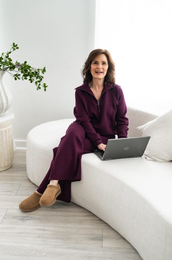 Polished matching set worn at home featuring a comfortable coordinated outfit styled for a petite woman.