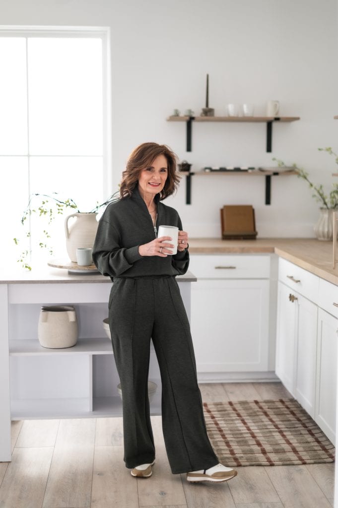 Comfortable matching set styled as a casual winter outfit for a petite woman.